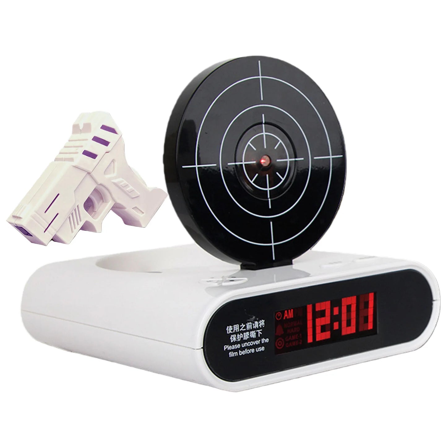 Budzik-tarcza z pistoletem laserowym i wyświetlaczem LED – 2 tryby alarmu