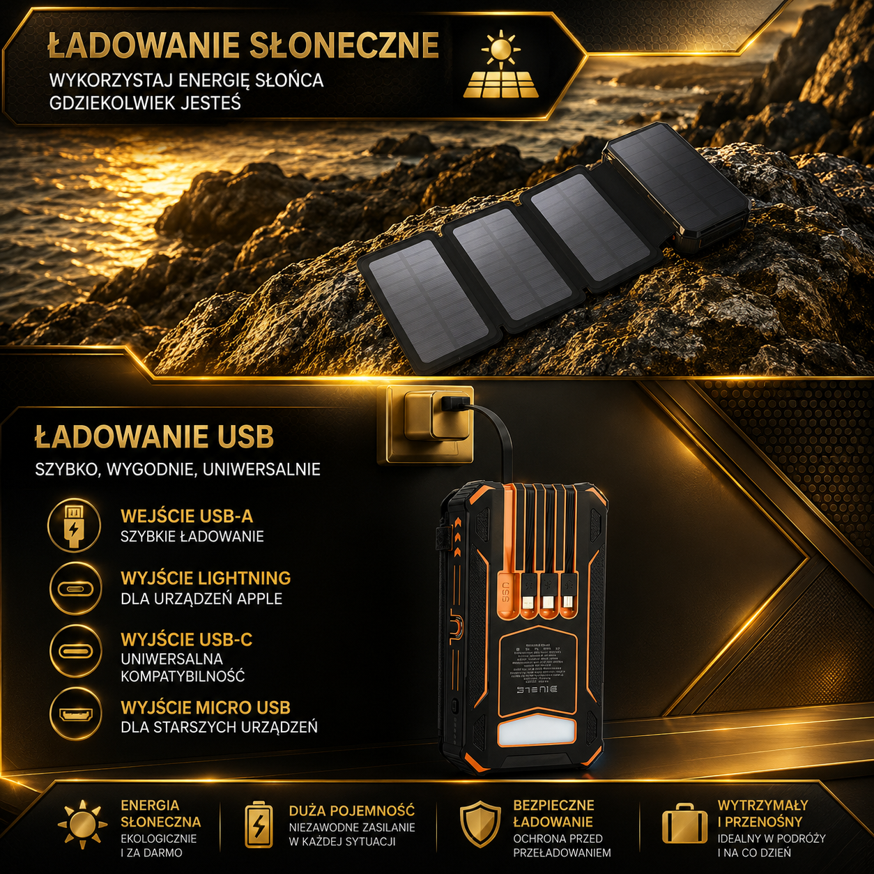 Power Bank Solarny 20000mAh – Wbudowane Kable, Latarka, Wyświetlacz | Wysyłka z Niemiec