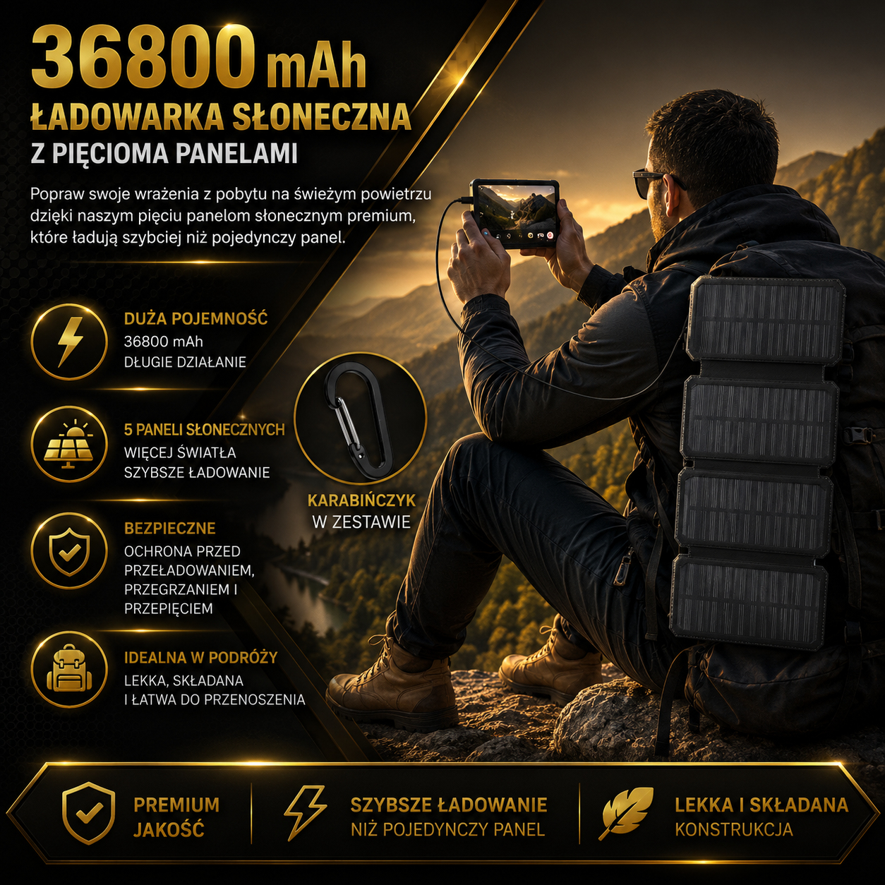 Power Bank Solarny 20000mAh – Wbudowane Kable, Latarka, Wyświetlacz | Wysyłka z Niemiec