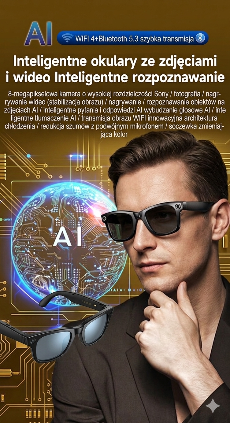 Inteligentne Okulary AI z Kamerą – Tłumacz, Rozmowy, Nagrywanie, ChatGPT 4.0