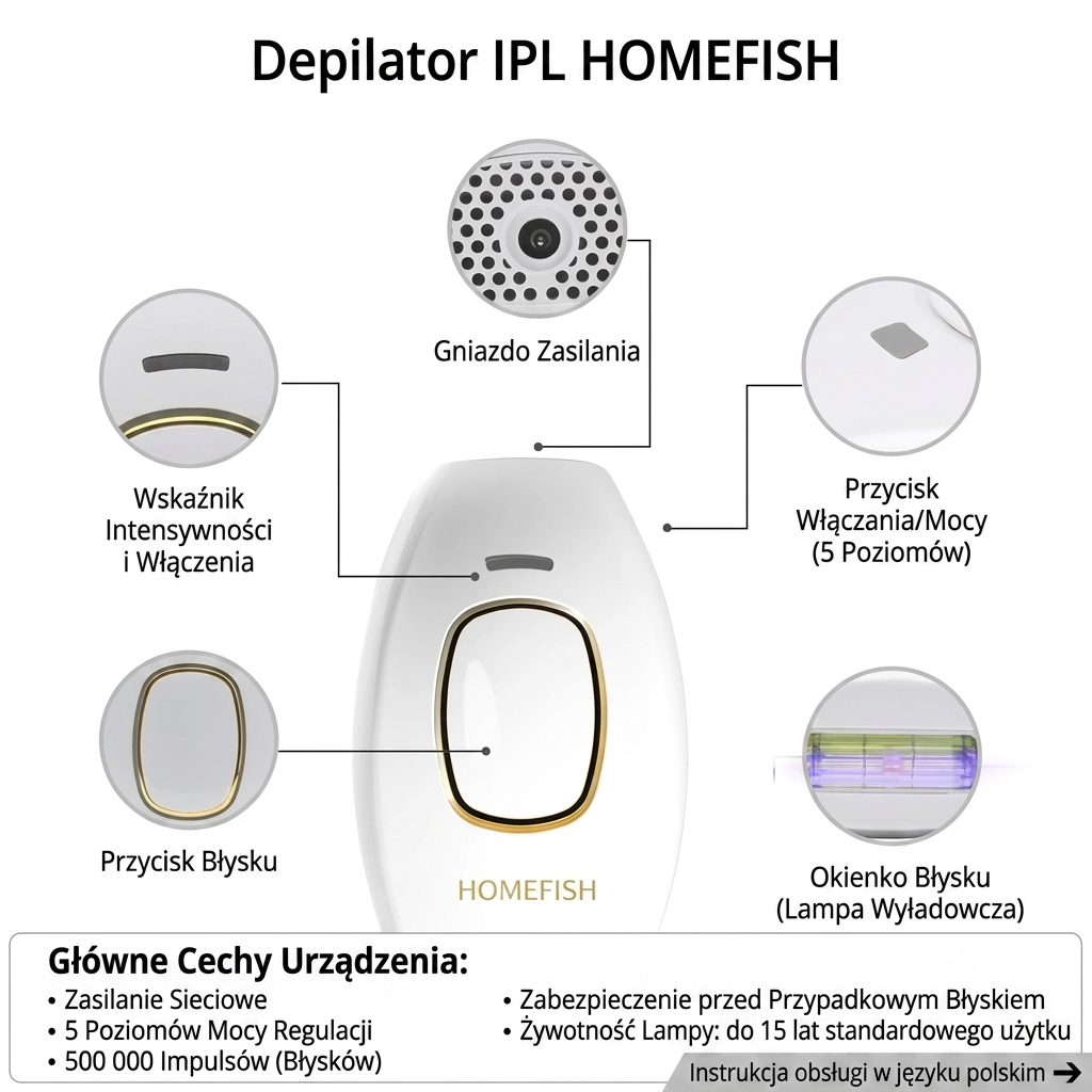 Depilator IPL HOMEFISH – Domowa Depilacja Światłem Pulsacyjnym | 5 Poziomów Mocy | 500 000 Impulsów