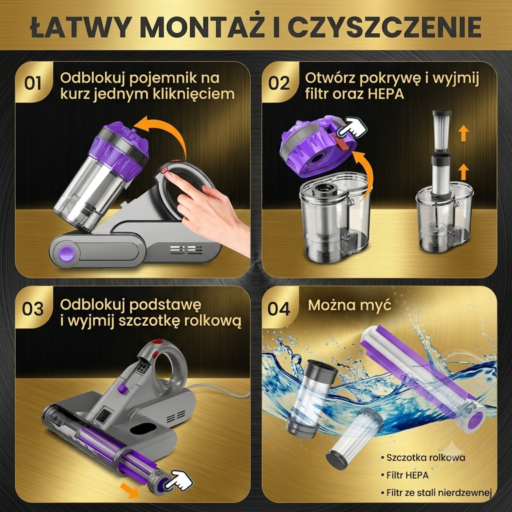 Odkurzacz UV do Materacy PureSleep™ | 16 000 Pa | Lampa UV-C | 65°C | Usuwa Kurz i Sierść