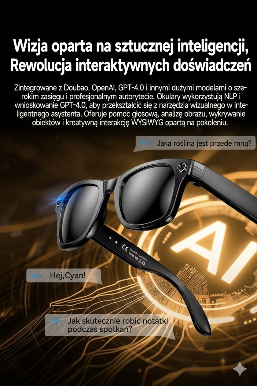 Inteligentne Okulary AI z Kamerą – Tłumacz, Rozmowy, Nagrywanie, ChatGPT 4.0