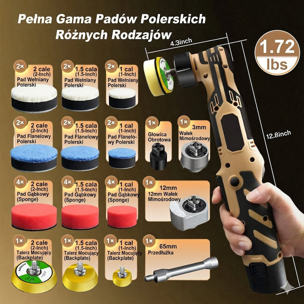 Bezprzewodowa Polerka Samochodowa 12V – Mini, Akumulatorowa, Zestaw padów 1”/1,5”/2”