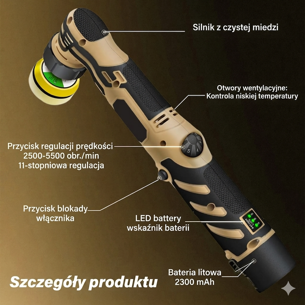 Bezprzewodowa Polerka Samochodowa 12V – Mini, Akumulatorowa, Zestaw padów 1”/1,5”/2”