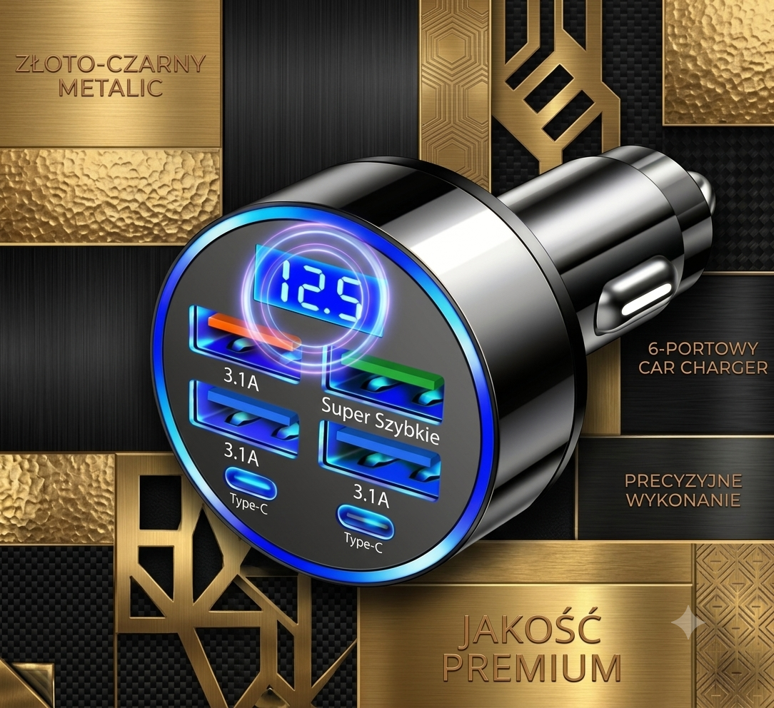 Samochodowa Ładowarka USB 6w1 3.1A z Wyświetlaczem Cyfrowym – Dual USB-C, Szybkie Ładowanie