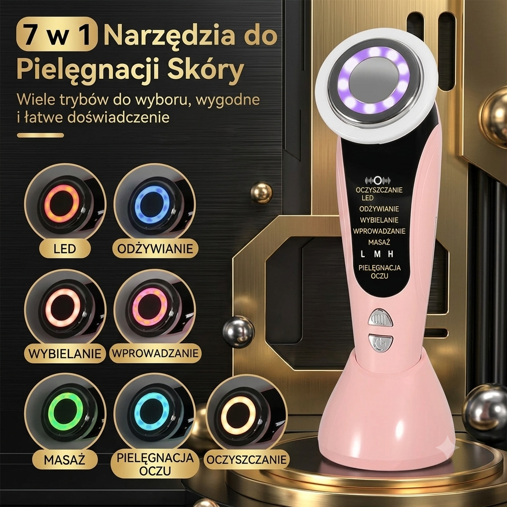 Urządzenie Kosmetyczne 7w1 z Mikroprądem – Lifting Twarzy, EMS, RF, LED | LUT-062