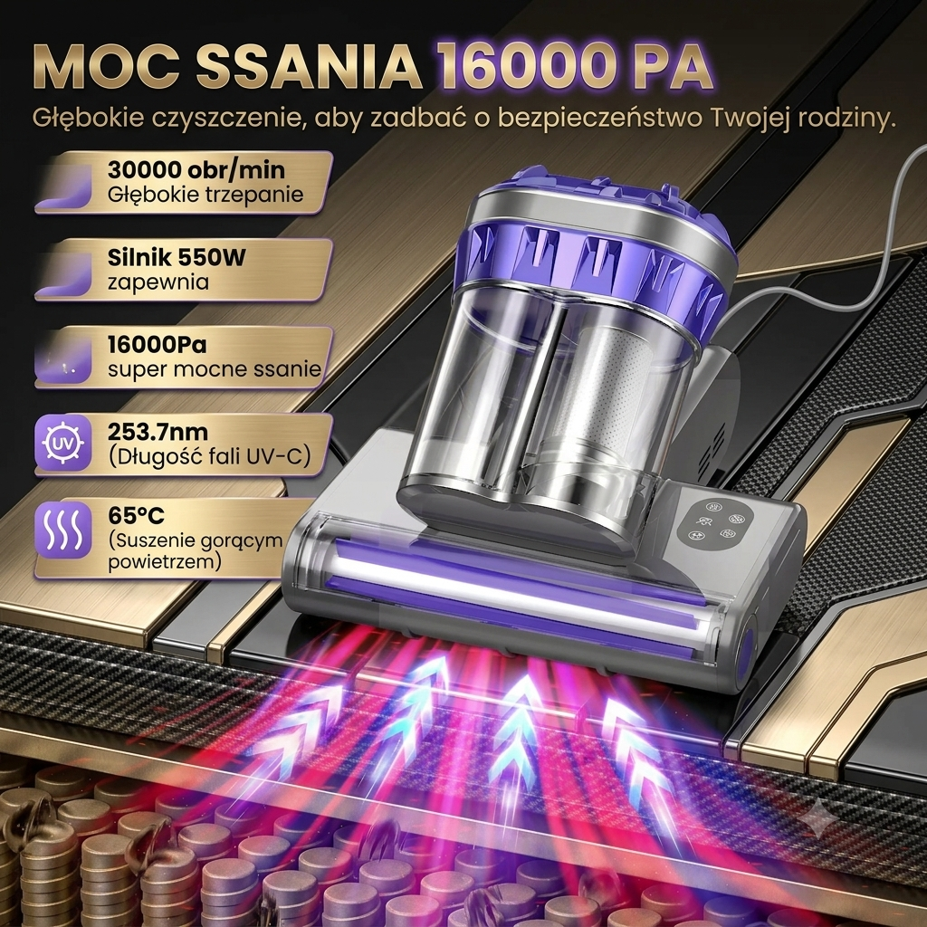 Odkurzacz UV do Materacy PureSleep™ | 16 000 Pa | Lampa UV-C | 65°C | Usuwa Kurz i Sierść