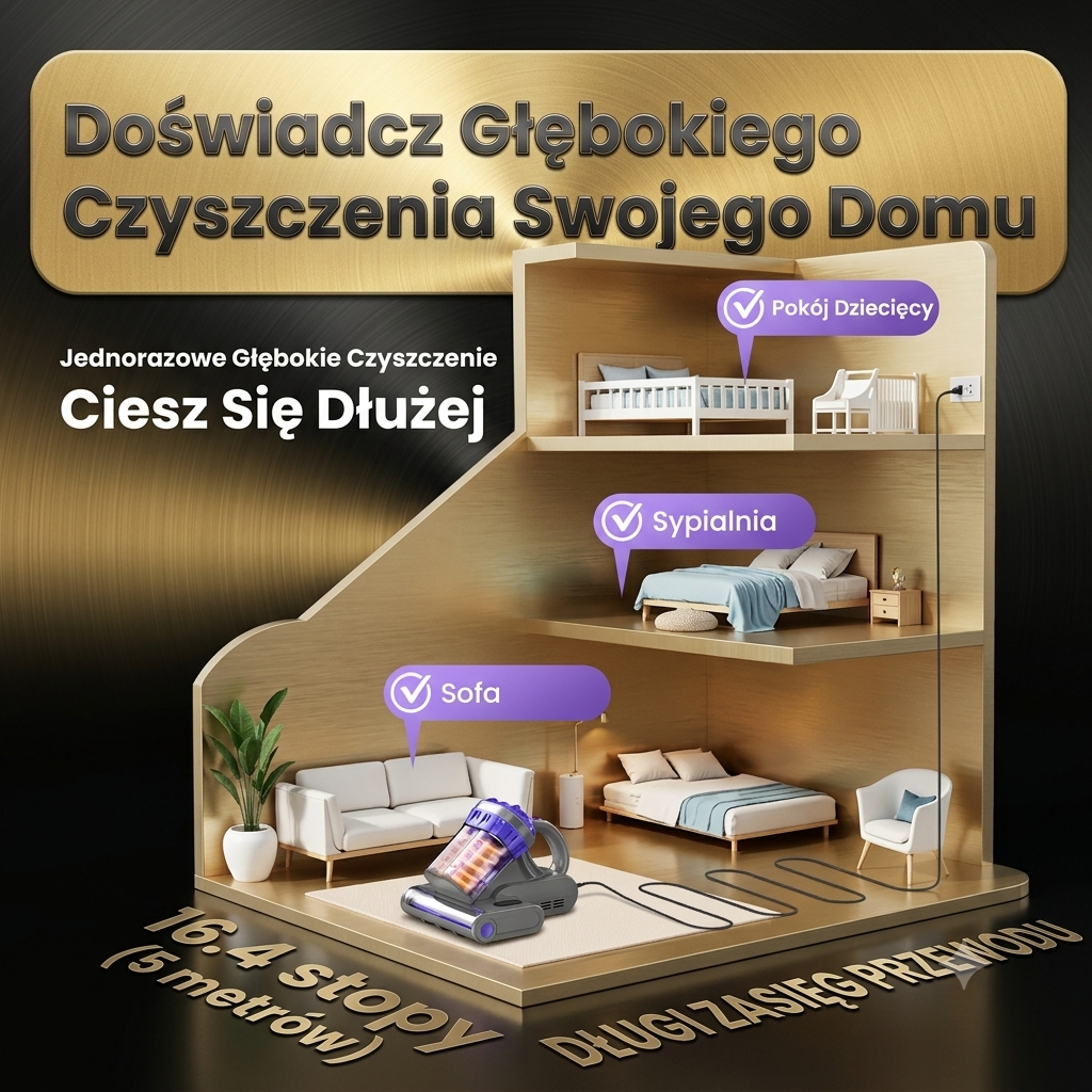 Odkurzacz UV do Materacy PureSleep™ | 16 000 Pa | Lampa UV-C | 65°C | Usuwa Kurz i Sierść
