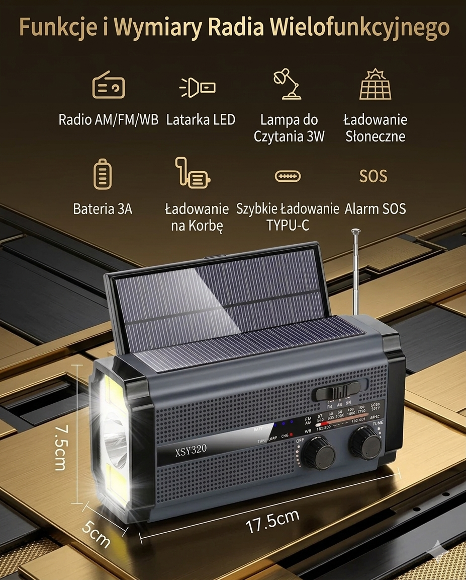 Radio Survivalowe 5000mAh – Solarne, Korbka, Latarka, SOS, AM/FM | Wodoodporne