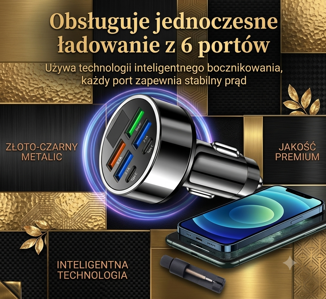 Samochodowa Ładowarka USB 6w1 3.1A z Wyświetlaczem Cyfrowym – Dual USB-C, Szybkie Ładowanie