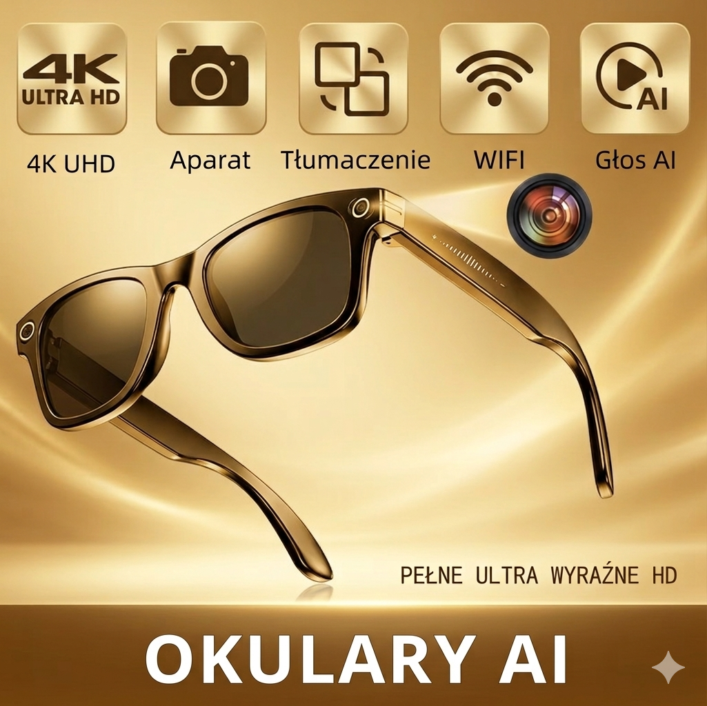 Inteligentne Okulary AI z Kamerą – Tłumacz, Rozmowy, Nagrywanie, ChatGPT 4.0