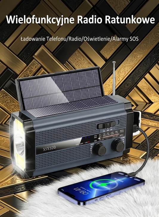Radio Survivalowe 5000mAh – Solarne, Korbka, Latarka, SOS, AM/FM | Wodoodporne