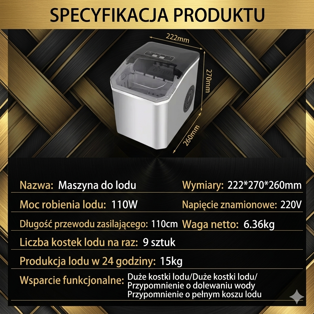 Automatyczna Maszyna do Lodu – 12kg/24h, 9 Kostek w 7 min, Samoczyszcząca | PL