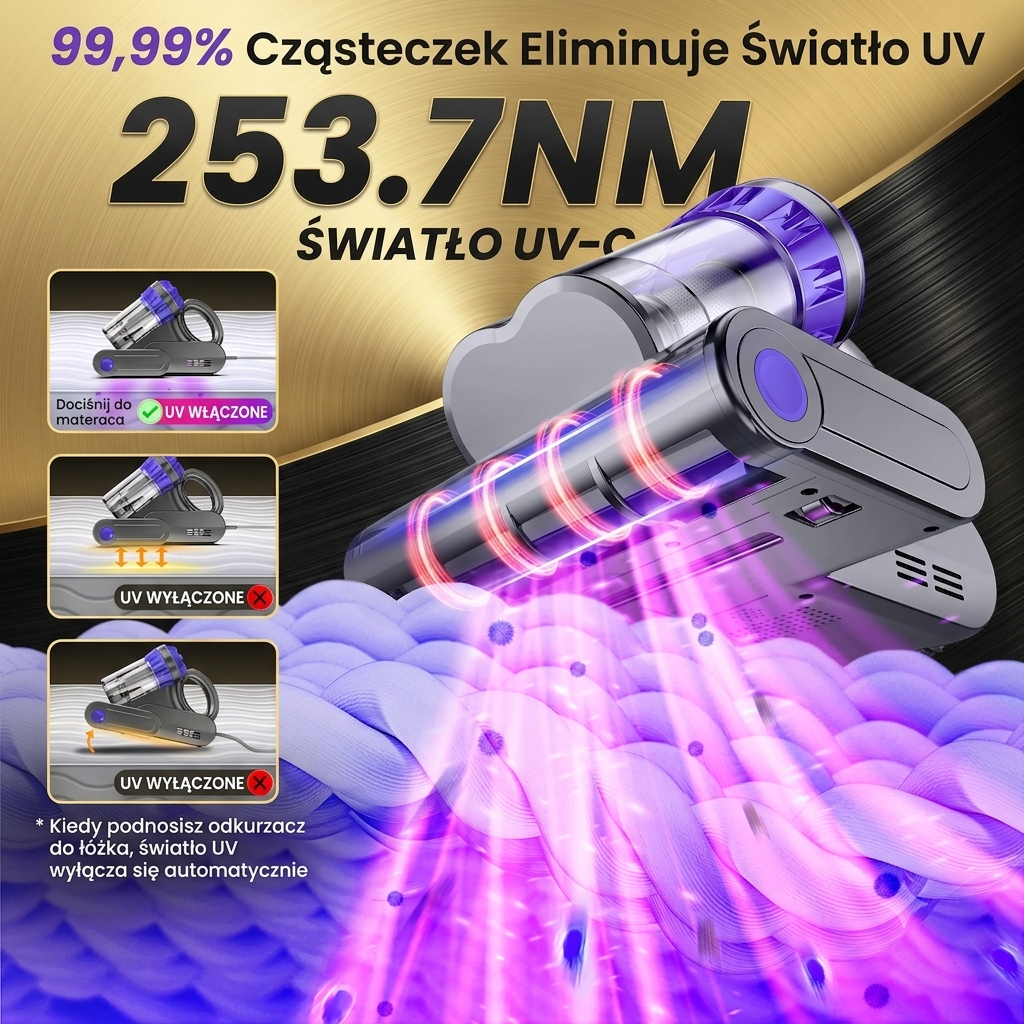 Odkurzacz UV do Materacy PureSleep™ | 16 000 Pa | Lampa UV-C | 65°C | Usuwa Kurz i Sierść