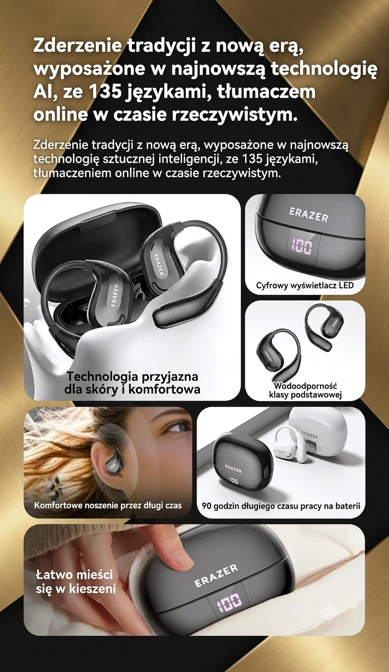 Erazer XT66 PRO słuchawki douszne Gadgetflow z AI tłumaczeniem, LED wyświetlacz, IPX5, 90h pracy