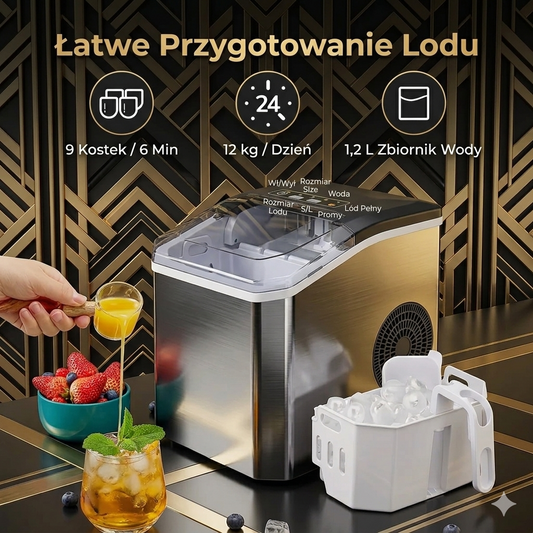 Automatyczna Maszyna do Lodu – 12kg/24h, 9 Kostek w 7 min, Samoczyszcząca | PL