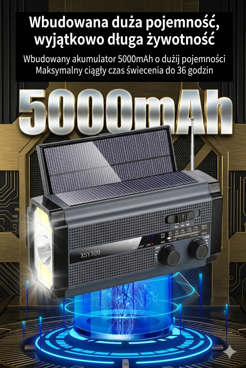 Radio Survivalowe 5000mAh – Solarne, Korbka, Latarka, SOS, AM/FM | Wodoodporne