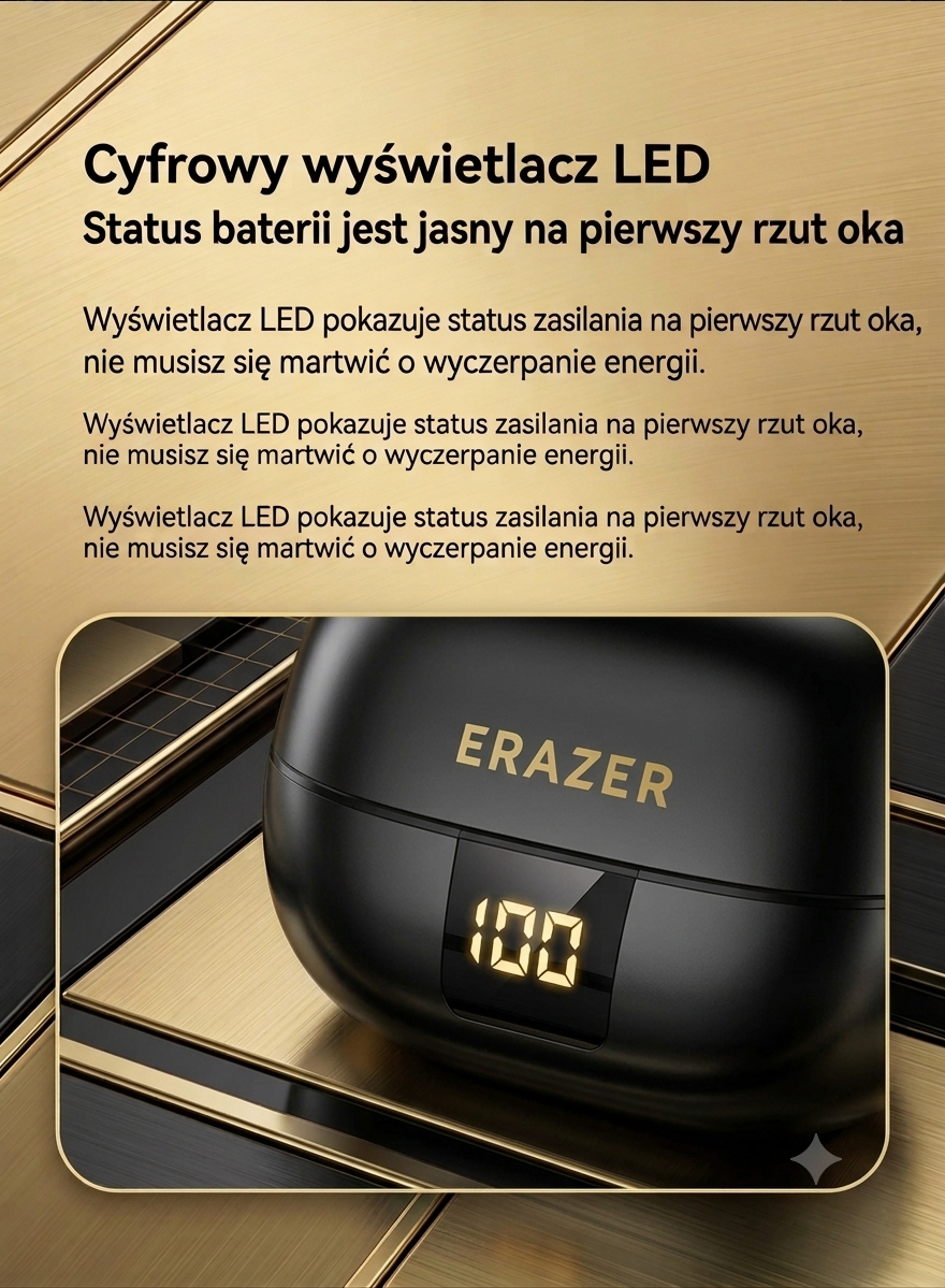 Słuchawki douszne Erazer XT66 PRO z wyświetlaczem LED, czarne etui z logiem ERAZER na złotym tle
