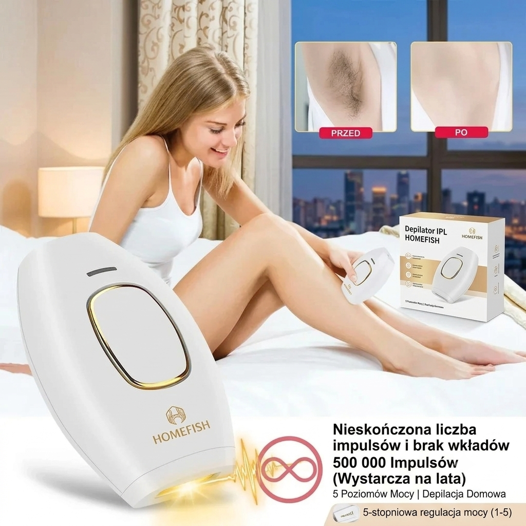 Depilator IPL HOMEFISH – Domowa Depilacja Światłem Pulsacyjnym | 5 Poziomów Mocy | 500 000 Impulsów