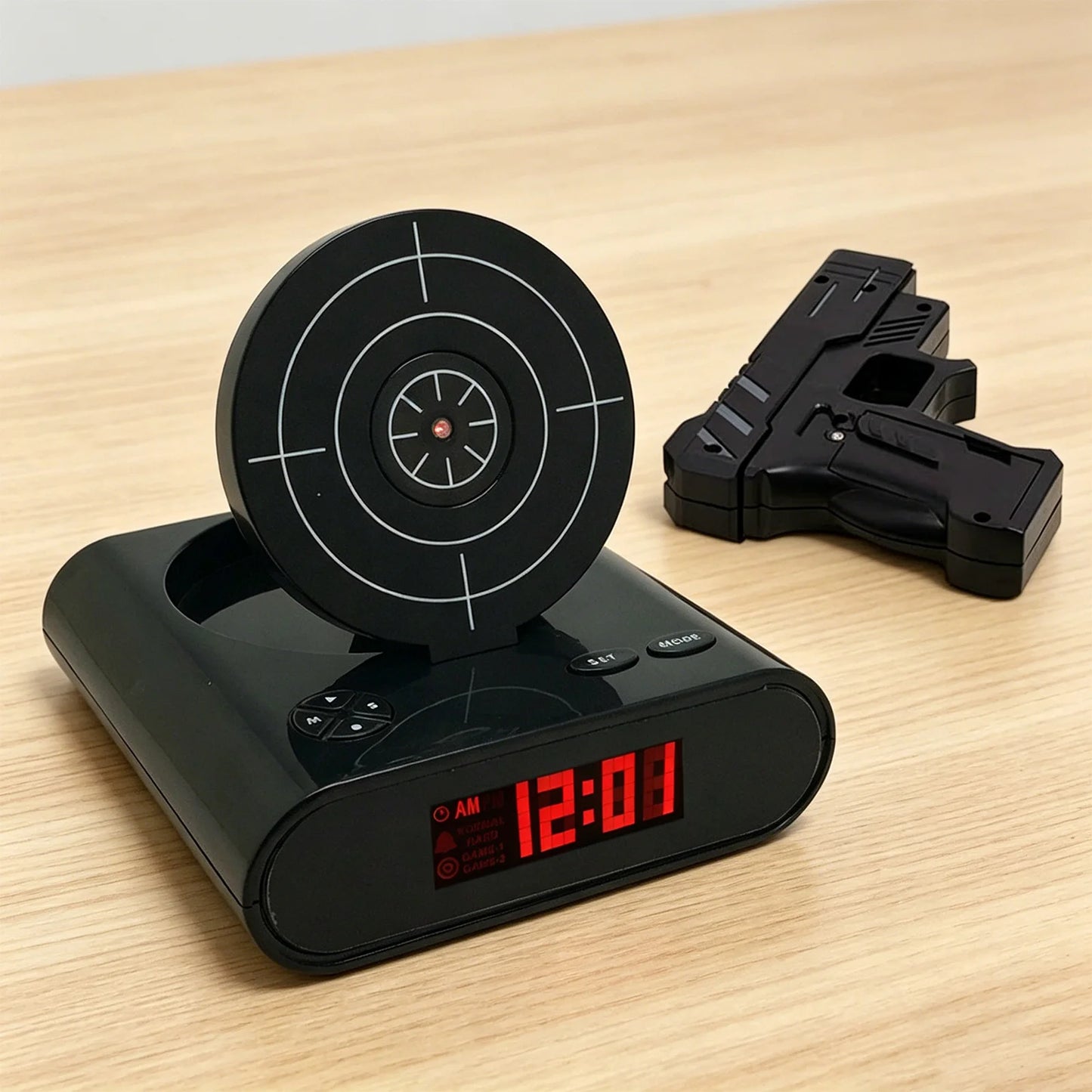 Budzik-tarcza z pistoletem laserowym i wyświetlaczem LED – 2 tryby alarmu