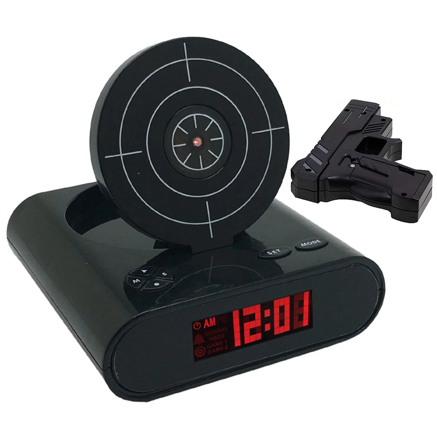 Budzik-tarcza z pistoletem laserowym i wyświetlaczem LED – 2 tryby alarmu