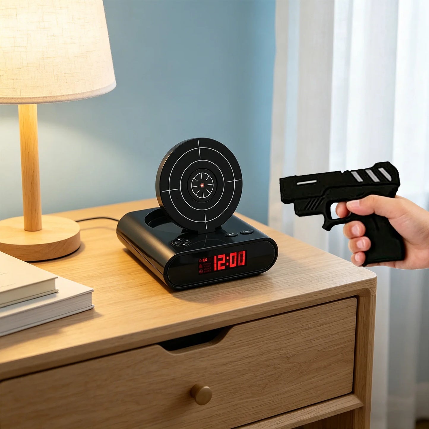 Budzik-tarcza z pistoletem laserowym i wyświetlaczem LED – 2 tryby alarmu