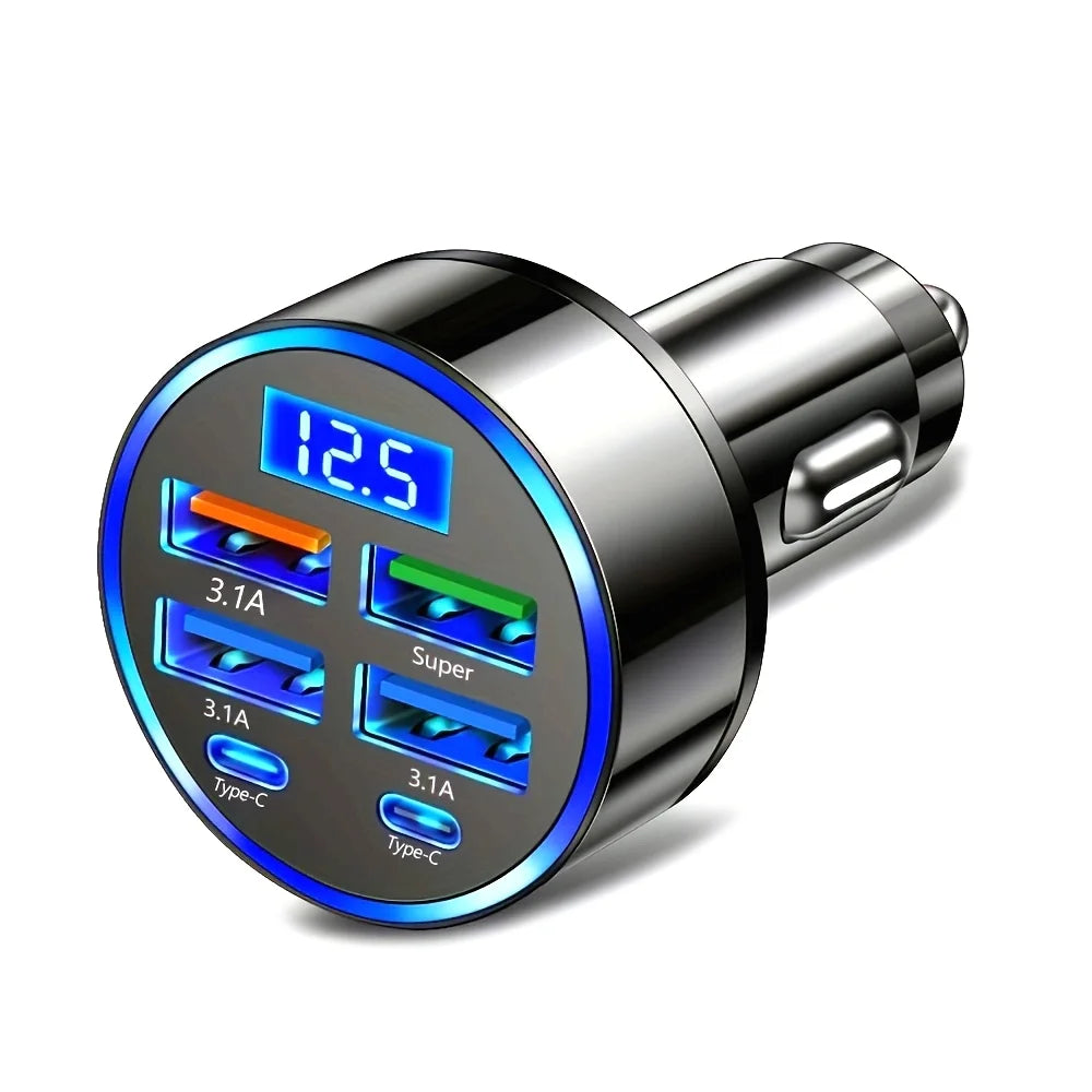 Samochodowa Ładowarka USB 6w1 3.1A z Wyświetlaczem Cyfrowym – Dual USB-C, Szybkie Ładowanie