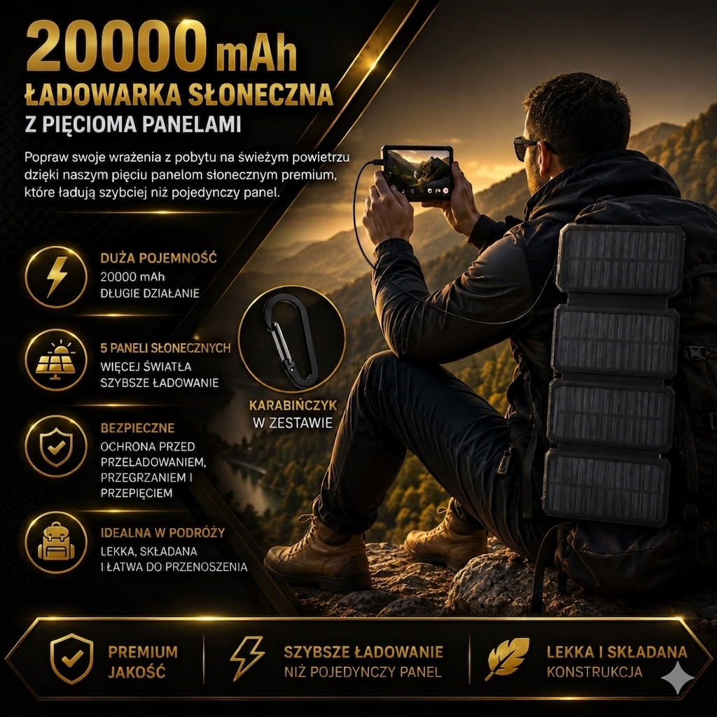 Power Bank Solarny 20000mAh – Wbudowane Kable, Latarka, Wyświetlacz | Wysyłka z Niemiec by GadgetFlow
