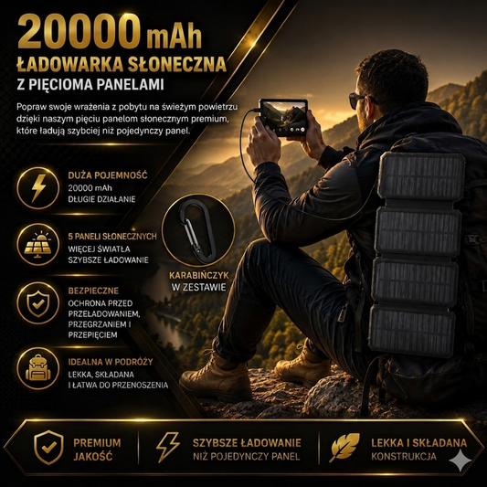 Power Bank Solarny 20000mAh – Wbudowane Kable, Latarka, Wyświetlacz | Wysyłka z Niemiec